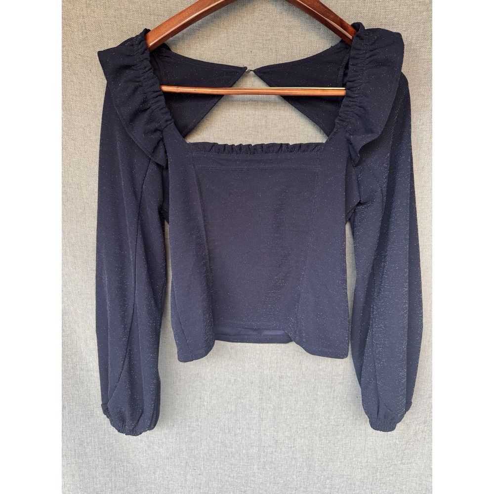 Free People Constellation Top Small Shiny Blue Square Neck Puff Sleeve Open Back